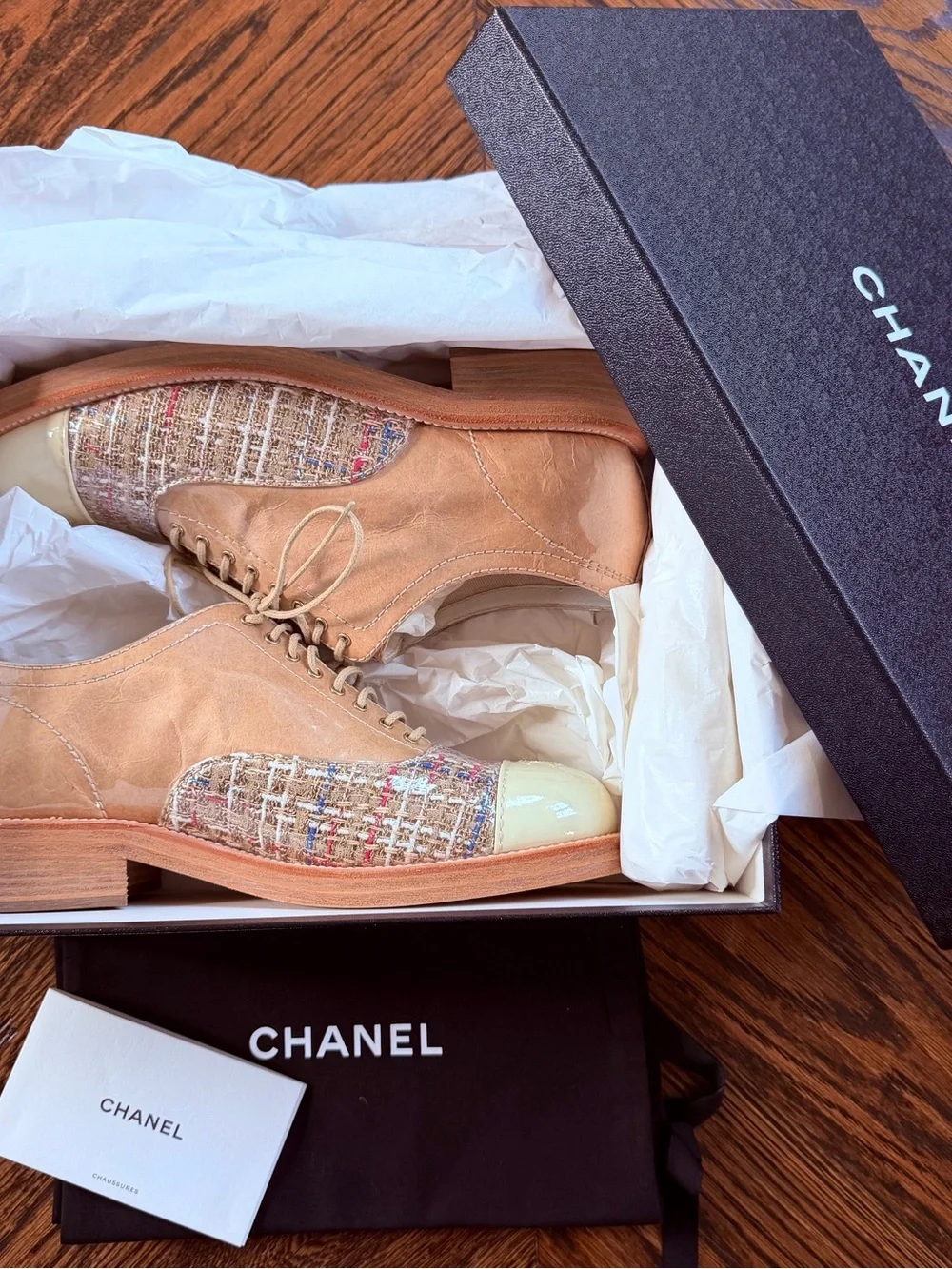 CHANEL Beige Patent Toe & Tweed Lace-Up Oxfords